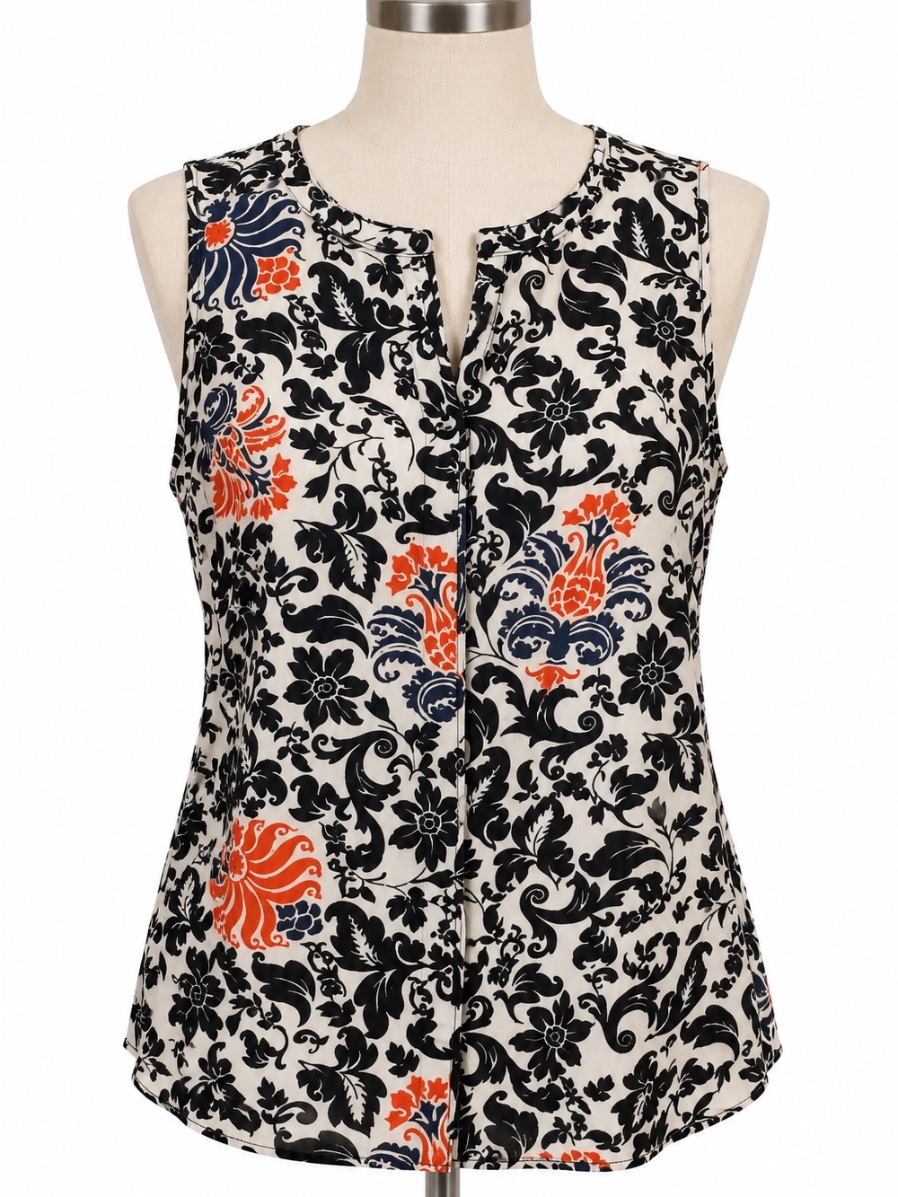 C&E Floral Damask Sleeveless Blouse Black Orange Navy XL